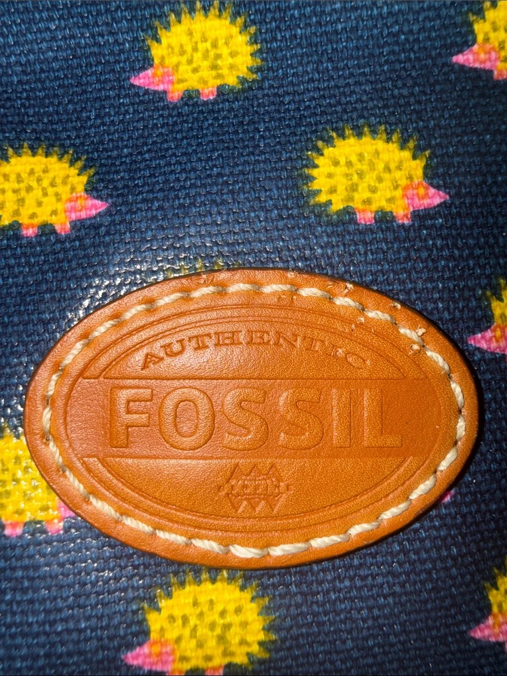 Retired Fossil Navy Phone Wristlet with Yellow Hedgehog Print and Pink Trim